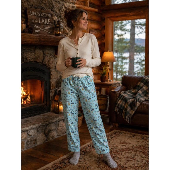 L.L. Bean Other - L.L.Bean Outdoor Pajama Lounge Pants Women's Small Blue Moose Lake Cabin Print‎